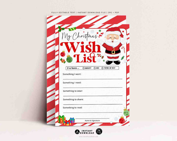 Christmas Wish List for kids Printable INSTANT DOWNLOAD Editable Christmas 5x7" Holidays Wish List template Santa Wish List, Letter to Santa