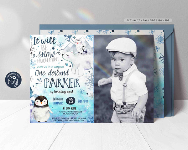 Winter ONEderland Birthday Photo invitation INSTANT DOWNLOAD Printable Wonderland EDITABLE invitation Penguin Little Snowflake 100