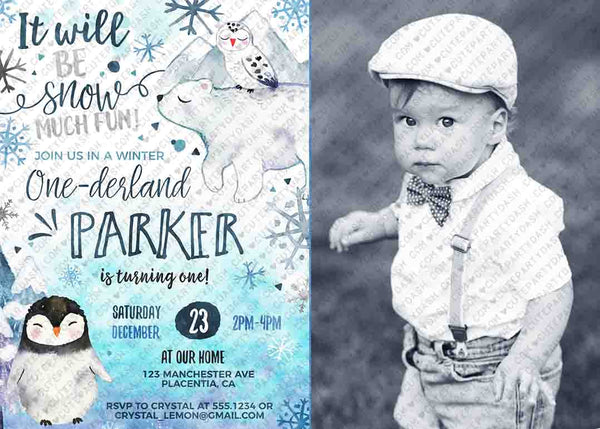 Winter ONEderland Birthday Photo invitation INSTANT DOWNLOAD Printable Wonderland EDITABLE invitation Penguin Little Snowflake 100