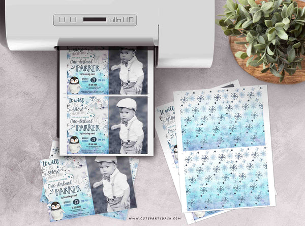Winter ONEderland Birthday Photo invitation INSTANT DOWNLOAD Printable Wonderland EDITABLE invitation Penguin Little Snowflake 100