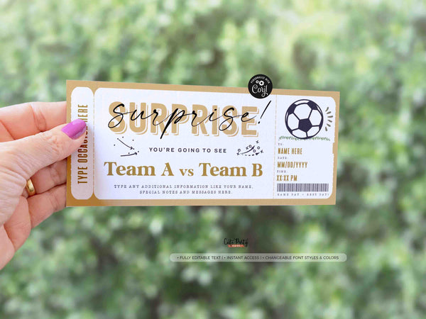 EDITABLE Soccer Game Ticket Template, Ticket Gift idea, Printable Surprise Soccer Match Gift Voucher Certificate INSTANT DOWNLOAD