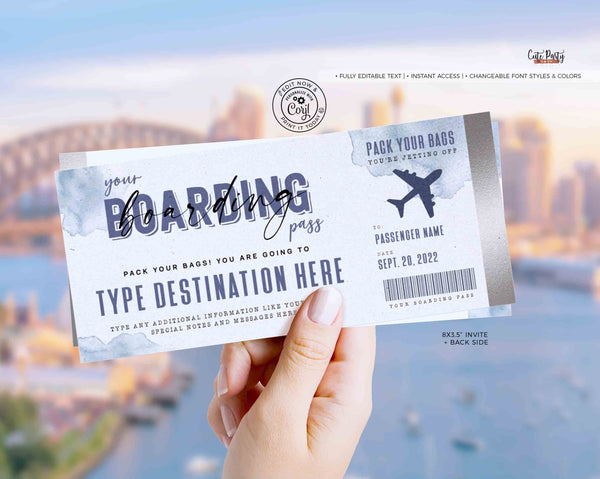 Editable Boarding Pass Ticket Template Printable Surprise Trip Reveal gift ticket Fake Plane Ticket Birthday Gift Voucher INSTANT DOWNLOAD