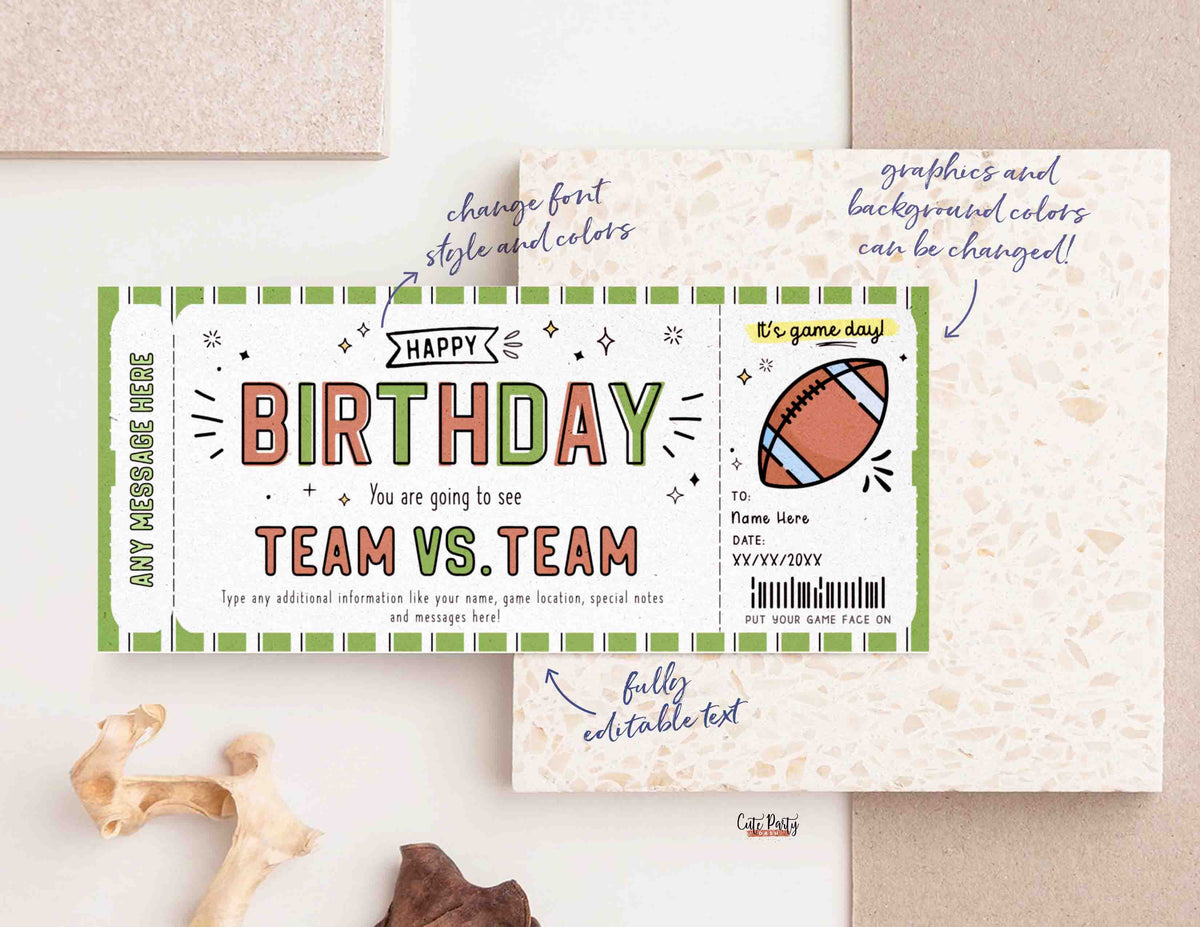 Birthday Football Game Ticket Gift - Surprise Ticket to a Football Game-  Printable template - Gift Voucher Coupon - EDITABLE TEXT DOWNLOAD