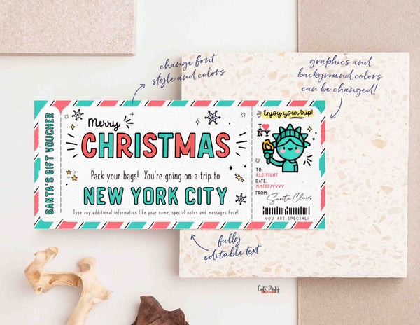 Christmas New York trip ticket Template, Editable Holiday gift ticket, Surprise NYC Vacation Boarding Pass Ticket Trip INSTANT DOWNLOAD Fech