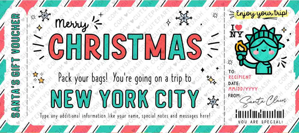 Christmas New York trip ticket Template, Editable Holiday gift ticket, Surprise NYC Vacation Boarding Pass Ticket Trip INSTANT DOWNLOAD Fech