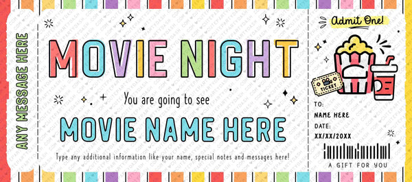 Surprise Movie Ticket Template, Gift Certificate Voucher, Birthday Movie Night Printable Theatre Cinema Premier Coupon #175 INSTANT DOWNLOAD