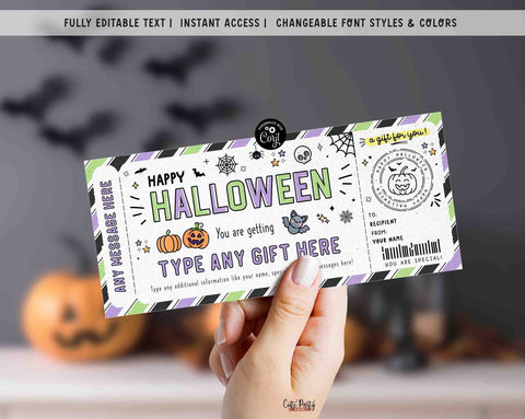 Halloween Gift Tag Certificate Template Surprise Experience Ticket Editable Voucher Certificate Fun Coupon for her kids men INSTANT DOWNLOAD