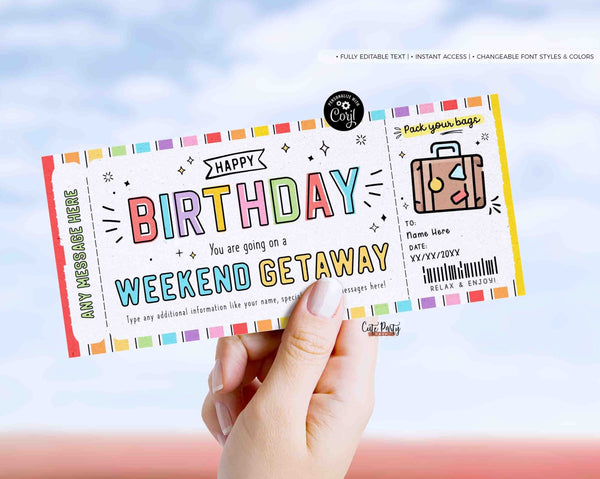 Editable Weekend Getaway Voucher Template INSTANT DOWNLOAD Surprise Trip gift ticket Weekend Getaway Birthday Trip Away Hotel Voucher