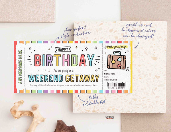 Editable Weekend Getaway Voucher Template INSTANT DOWNLOAD Surprise Trip gift ticket Weekend Getaway Birthday Trip Away Hotel Voucher