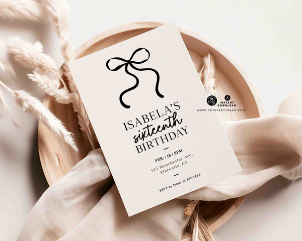 Black Bow Birthday Invitation Printable INSTANT DOWNLOAD Editable Minimalist Black Ribbon Coquette 30th 40th 50th Birthday Party 1985-3