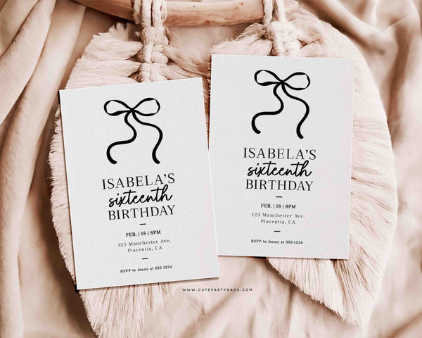 Black Bow Birthday Invitation Printable INSTANT DOWNLOAD Editable Minimalist Black Ribbon Coquette 30th 40th 50th Birthday Party 1985-3