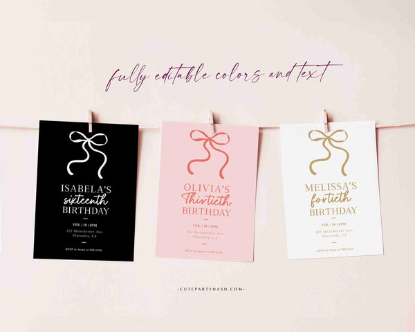 Black Bow Birthday Invitation Printable INSTANT DOWNLOAD Editable Minimalist Black Ribbon Coquette 30th 40th 50th Birthday Party 1985-3
