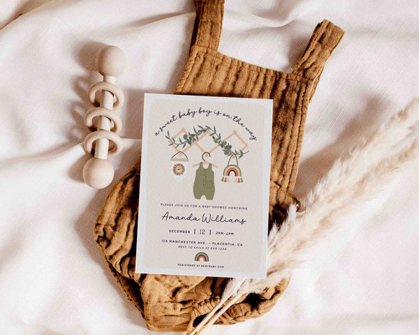 Boy Baby Shower Invitation Printable INSTANT DOWNLOAD Editable Boho Baby Clothes Baby Shower Invite Bohemian Scandinavian Aesthetic 1988