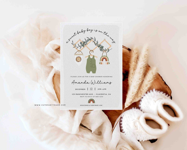 Boy Baby Shower Invitation Printable INSTANT DOWNLOAD Editable Boho Baby Clothes Baby Shower Invite Bohemian Scandinavian Aesthetic 1988