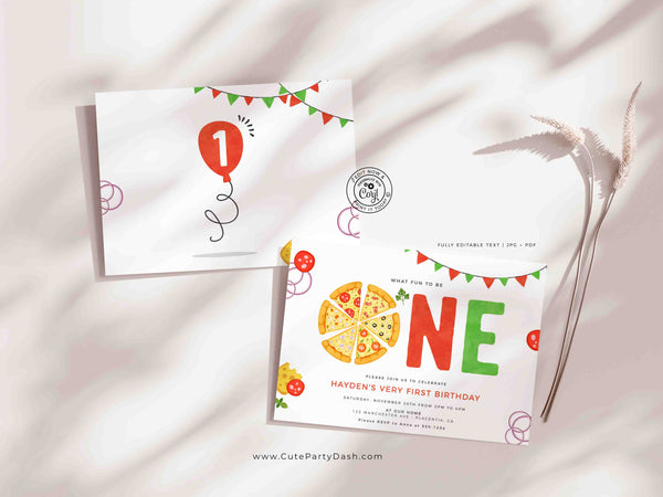 Pizza party First Birthday invitation Printable INSTANT DOWNLOAD Editable Pizza Boy Girl Birthday invite Corjl Invitation digital 200