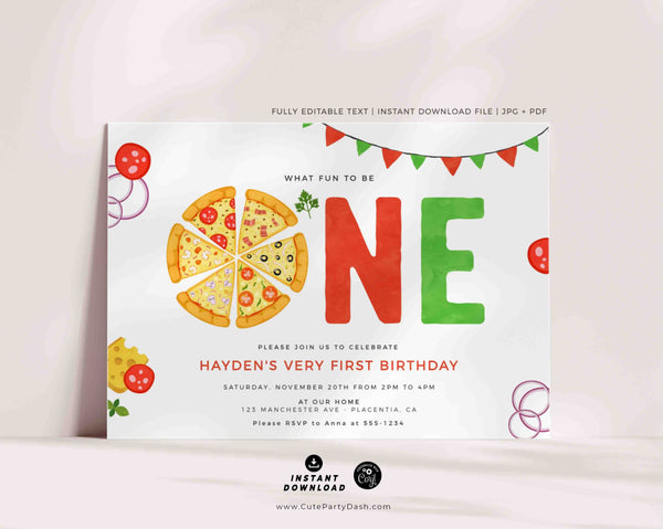 Pizza party First Birthday invitation Printable INSTANT DOWNLOAD Editable Pizza Boy Girl Birthday invite Corjl Invitation digital 200