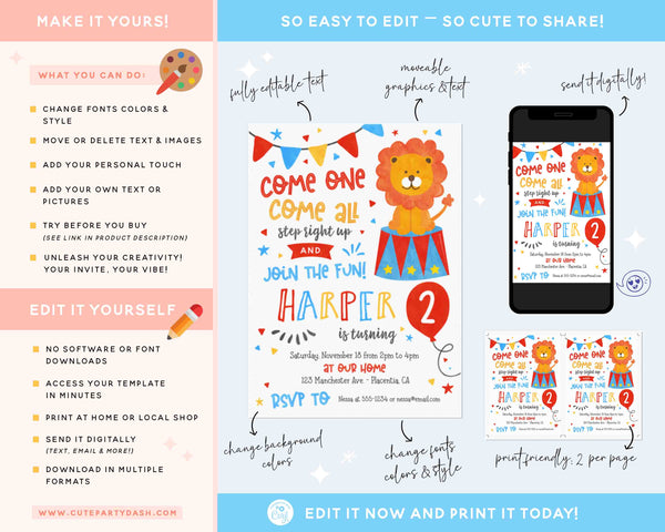 Circus Birthday Invitation Printable INSTANT DOWNLOAD Circus Lion Carnival Birthday Boy Girl Party invite Digital Ticket Circus Themed #322