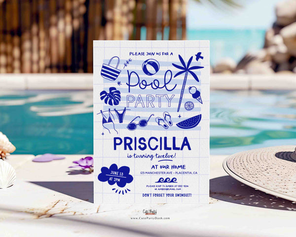 Hand Drawn Pool Party Birthday Invitation Printable INSTANT DOWNLOAD, EDITABLE Doodle Adult Pool Birthday Whimsical Scribble Invitation 323