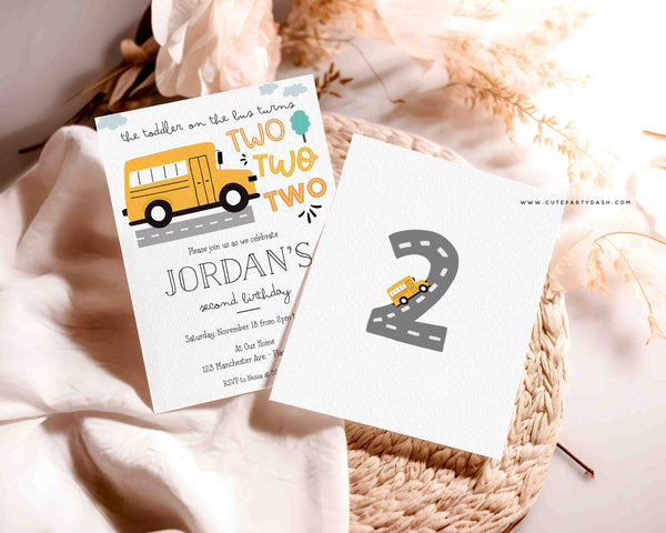 Yellow School Bus Second birthday invitation Printable INSTANT DOWNLOAD Editable Wheels on the Bus-themed party 327 Toddler Transportation Birthday
