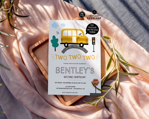 Yellow School Bus Second birthday invitation Printable INSTANT DOWNLOAD Editable Wheels on the Bus-themed party 327 Toddler Transportation Birthday