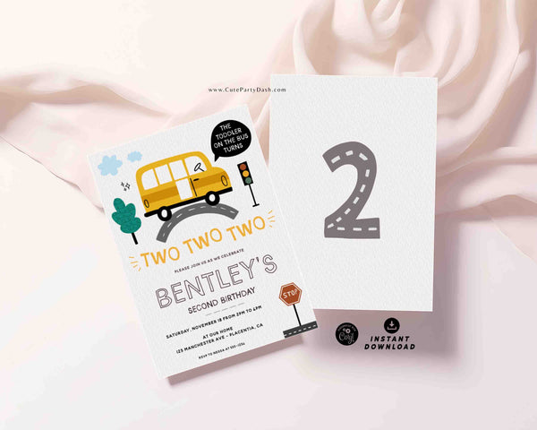 Yellow School Bus Second birthday invitation Printable INSTANT DOWNLOAD Editable Wheels on the Bus-themed party 327 Toddler Transportation Birthday
