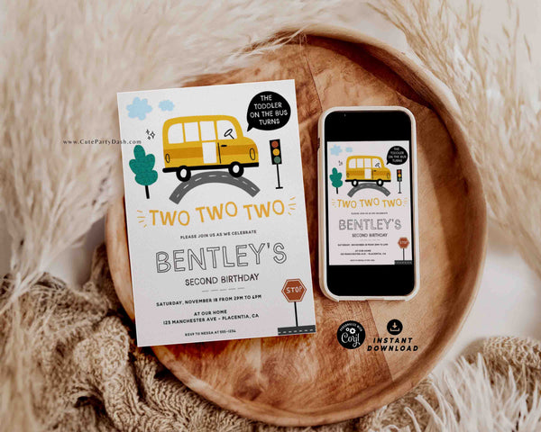 Yellow School Bus Second birthday invitation Printable INSTANT DOWNLOAD Editable Wheels on the Bus-themed party 327 Toddler Transportation Birthday