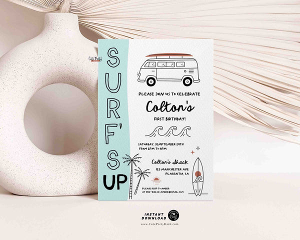 Surf's Up Party invitation INSTANT DOWNLOAD, Editable Modern Surf Invitation Template Surfer Birthday Surfing Invitation 329 Surf Invite