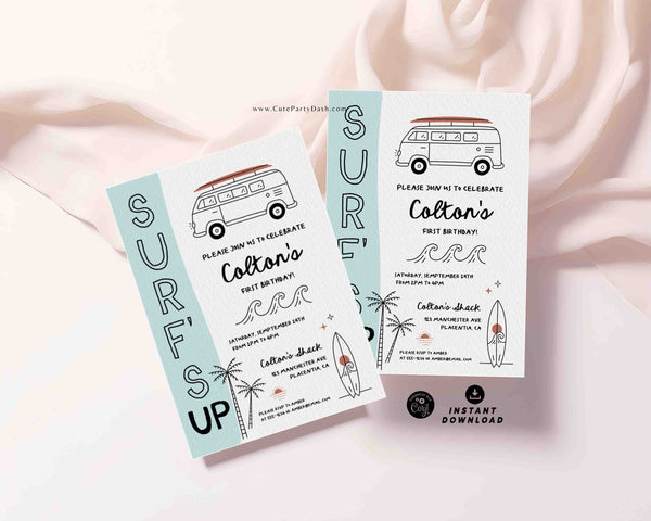 Surf's Up Party invitation INSTANT DOWNLOAD, Editable Modern Surf Invitation Template Surfer Birthday Surfing Invitation 329 Surf Invite