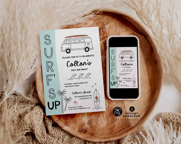 Surf's Up Party invitation INSTANT DOWNLOAD, Editable Modern Surf Invitation Template Surfer Birthday Surfing Invitation 329 Surf Invite