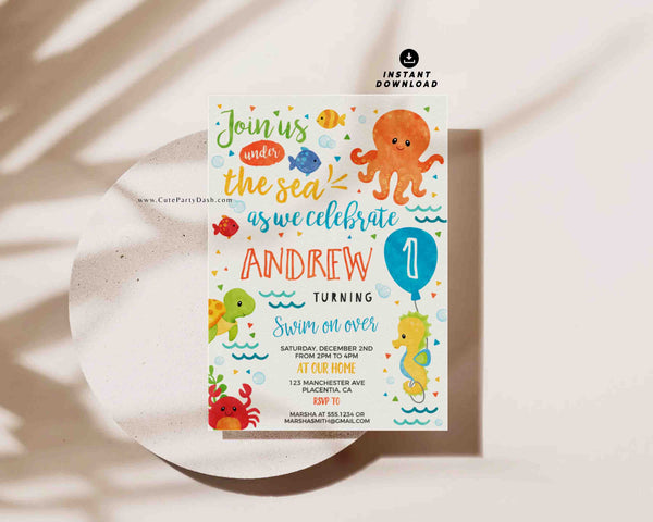 Under the Sea Birthday Invitation INSTANT DOWNLOAD, EDITABLE Beach Party, Ocean animals Digital Invite for a Boy Girl Oneder the Sea 331