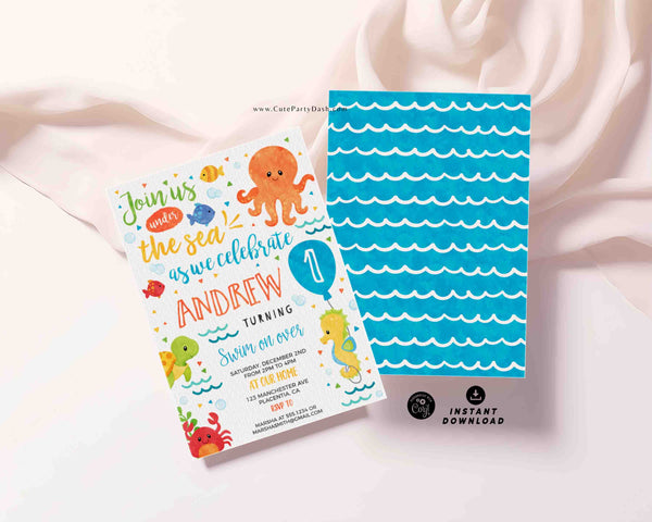 Under the Sea Birthday Invitation INSTANT DOWNLOAD, EDITABLE Beach Party, Ocean animals Digital Invite for a Boy Girl Oneder the Sea 331