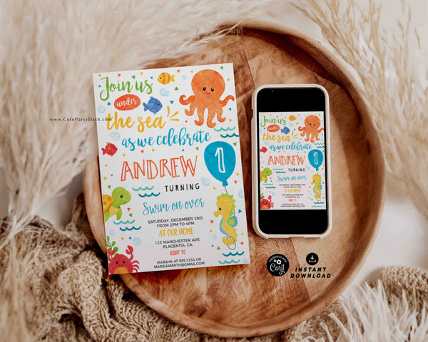 Under the Sea Birthday Invitation INSTANT DOWNLOAD, EDITABLE Beach Party, Ocean animals Digital Invite for a Boy Girl Oneder the Sea 331