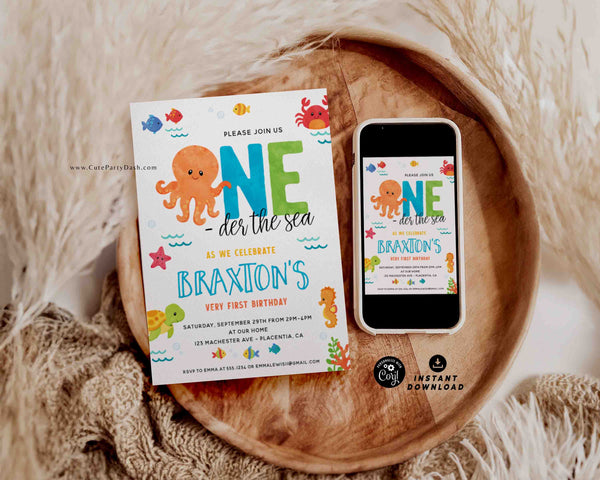 Under the Sea Birthday Invitation INSTANT DOWNLOAD, EDITABLE Beach Party, Ocean animals Digital Invite for a Boy Girl Oneder the Sea 331