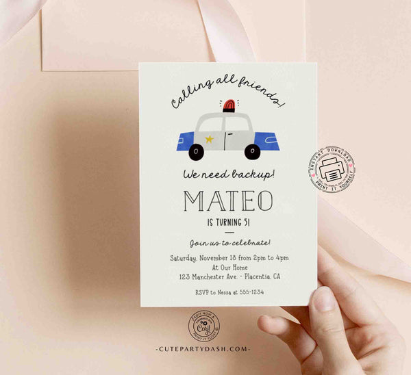 Police Kids Birthday Invite Printable INSTANT DOWNLOAD Editable Police 5th Birthday Invite Police Officer Editable Digital Minimalist 336