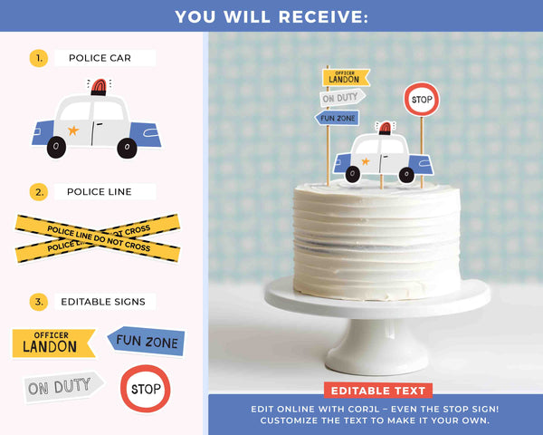 Police Birthday Cake Topper Printable INSTANT DOWNLOAD Editable Police party Theme Decor Centerpiece Garland Invitation #336P Editable Cake