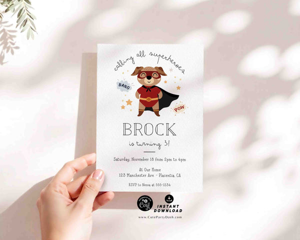Super Hero Dog Birthday Invitation INSTANT DOWNLOAD Editable Superhero Invite Puppy Birthday Pawty Invitation Super hero Party Super Dog 351