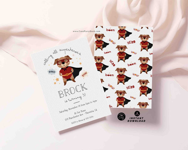 Super Hero Dog Birthday Invitation INSTANT DOWNLOAD Editable Superhero Invite Puppy Birthday Pawty Invitation Super hero Party Super Dog 351