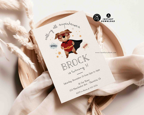 Super Hero Dog Birthday Invitation INSTANT DOWNLOAD Editable Superhero Invite Puppy Birthday Pawty Invitation Super hero Party Super Dog 351