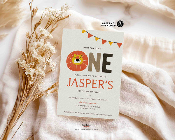 Wild One Birthday Boy Invitation Printable INSTANT DOWNLOAD Editable Lion Birthday Invitation Safari Wild One Party Invite Jungle Animal 353