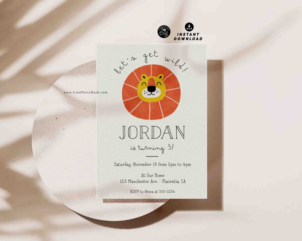 Wild One Birthday Boy Invitation Printable INSTANT DOWNLOAD Editable Lion Birthday Invitation Safari Wild One Party Invite Jungle Animal 353