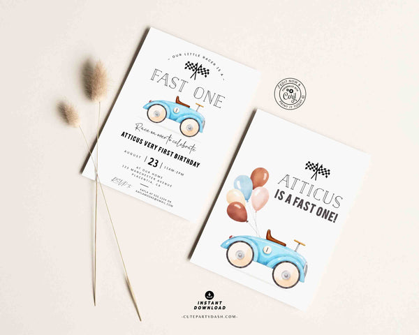 Fast One Birthday Invitation Printable INSTANT DOWNLOAD, EDITABLE Racing car invite, Race Car First birthday Party Blue Racing Car 357