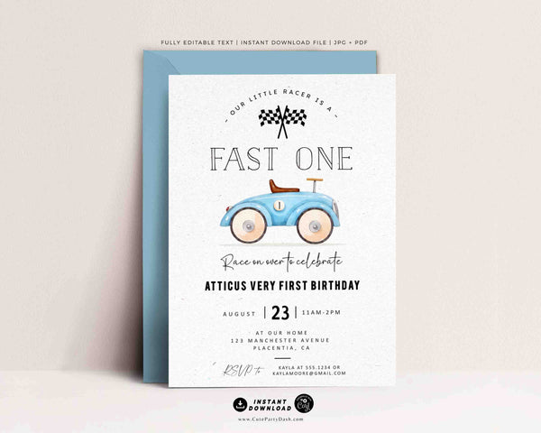Fast One Birthday Invitation Printable INSTANT DOWNLOAD, EDITABLE Racing car invite, Race Car First birthday Party Blue Racing Car 357