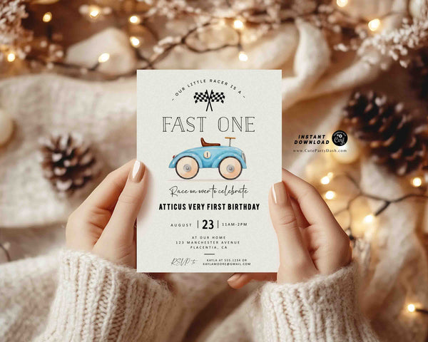 Fast One Birthday Invitation Printable INSTANT DOWNLOAD, EDITABLE Racing car invite, Race Car First birthday Party Blue Racing Car 357