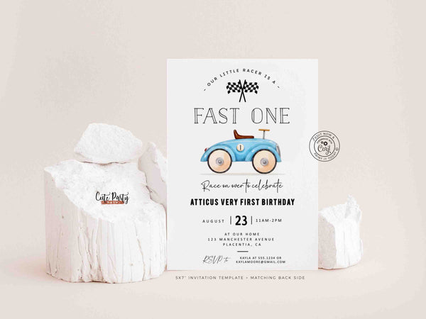 Fast One Birthday Invitation Printable INSTANT DOWNLOAD, EDITABLE Racing car invite, Race Car First birthday Party Blue Racing Car 357
