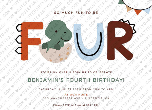 Dinosaur 4th Birthday Invitation Printable INSTANT DOWNLOAD Editable T-Rex invite Dino-mite Fourth birthday party Triceratops invites Modern