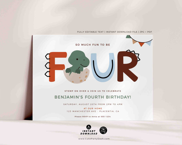 Dinosaur 4th Birthday Invitation Printable INSTANT DOWNLOAD Editable T-Rex invite Dino-mite Fourth birthday party Triceratops invites Modern