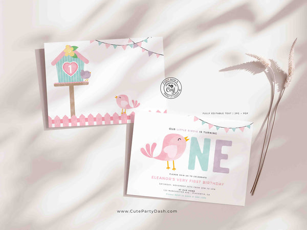 Bird Birthday invitation Printable INSTANT DOWNLOAD Editable girl pink Cute Little Birdie Garden birthday invitation printable summer 364