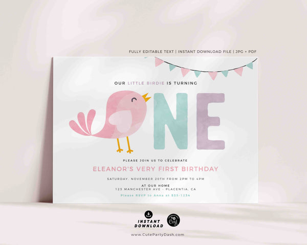 Bird Birthday invitation Printable INSTANT DOWNLOAD Editable girl pink Cute Little Birdie Garden birthday invitation printable summer 364