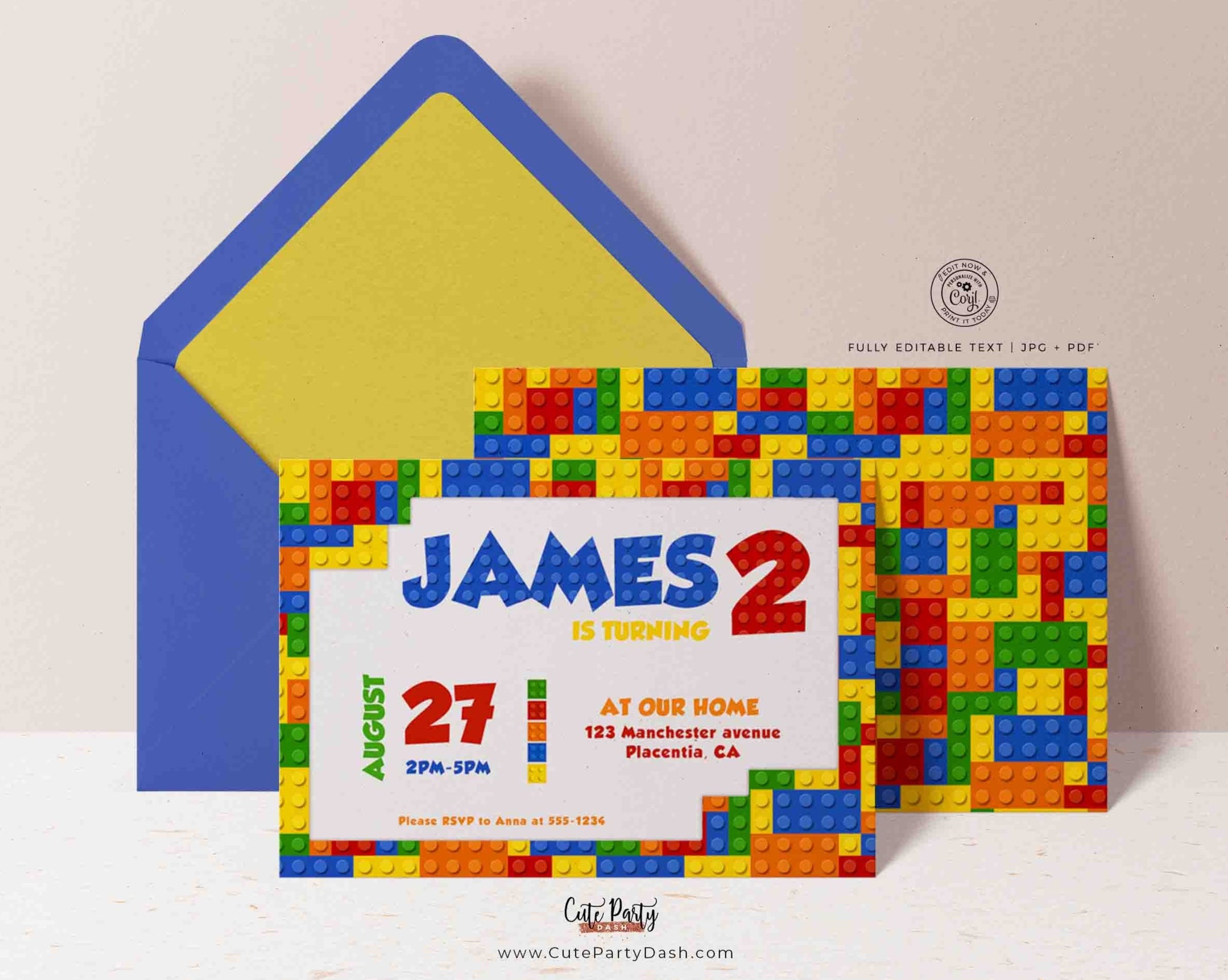 Colorful Lego Bricks Building Blocks Birthday Party Invitation - Digital Download