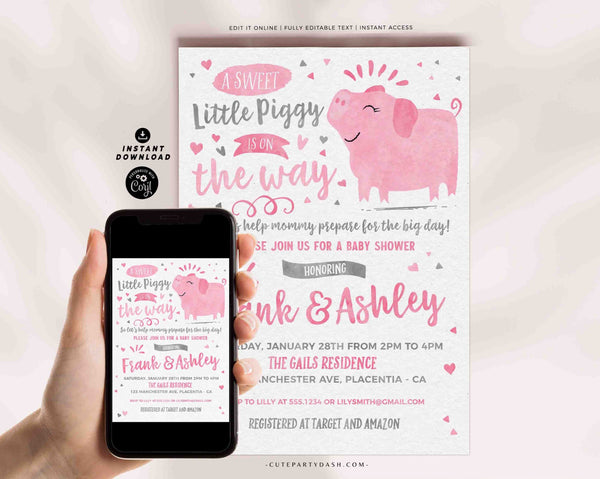 Little Piggy Baby Shower invitation printable INSTANT DOWNLOAD Piglet Baby Girl Shower invite couples co-ed baby shower pink grey pig